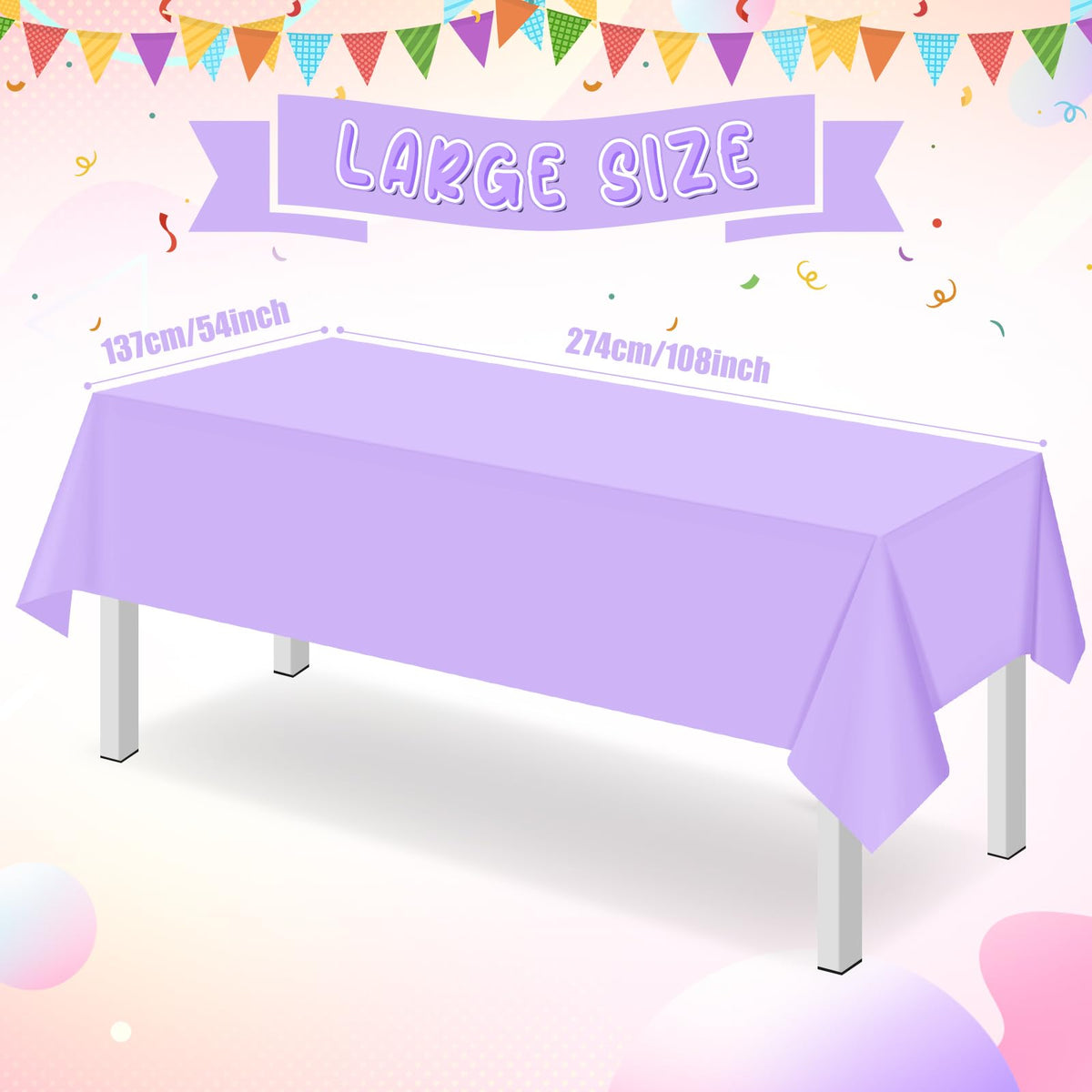 Ragnhild lavender plastic tablecloth draped on dining table for festive setup