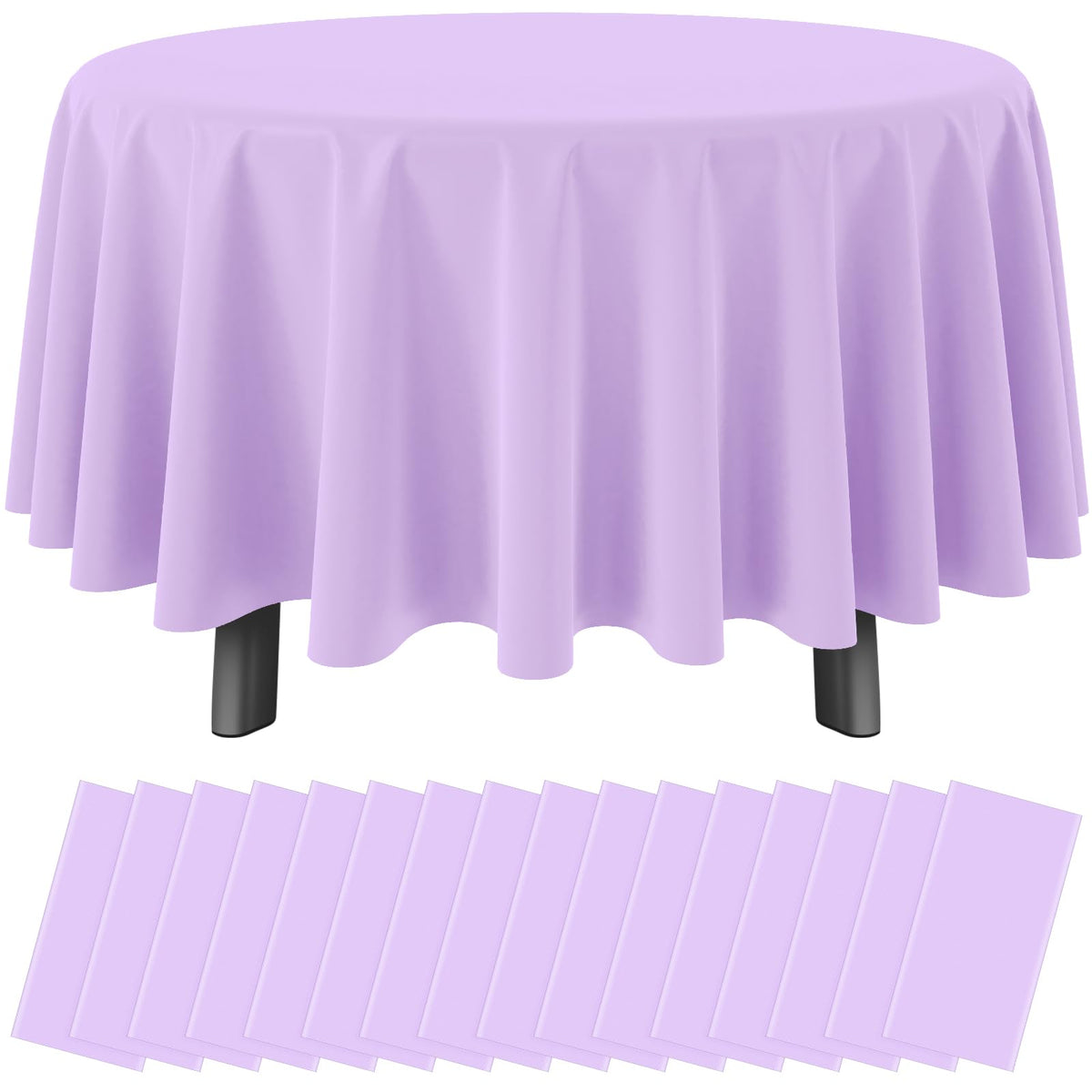 Ragnhild lavender round 84-inch tablecloths in 16-pack, ideal for large gatherings and protection.