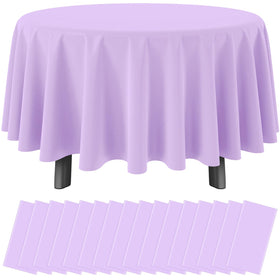 Ragnhild lavender round 84-inch tablecloths in 16-pack, ideal for large gatherings and protection.