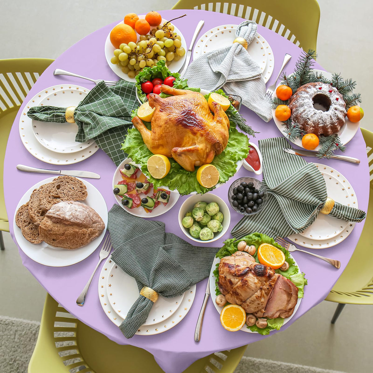 Disposable lavender tablecloth by Ragnhild demonstrating quick cleanup after party.