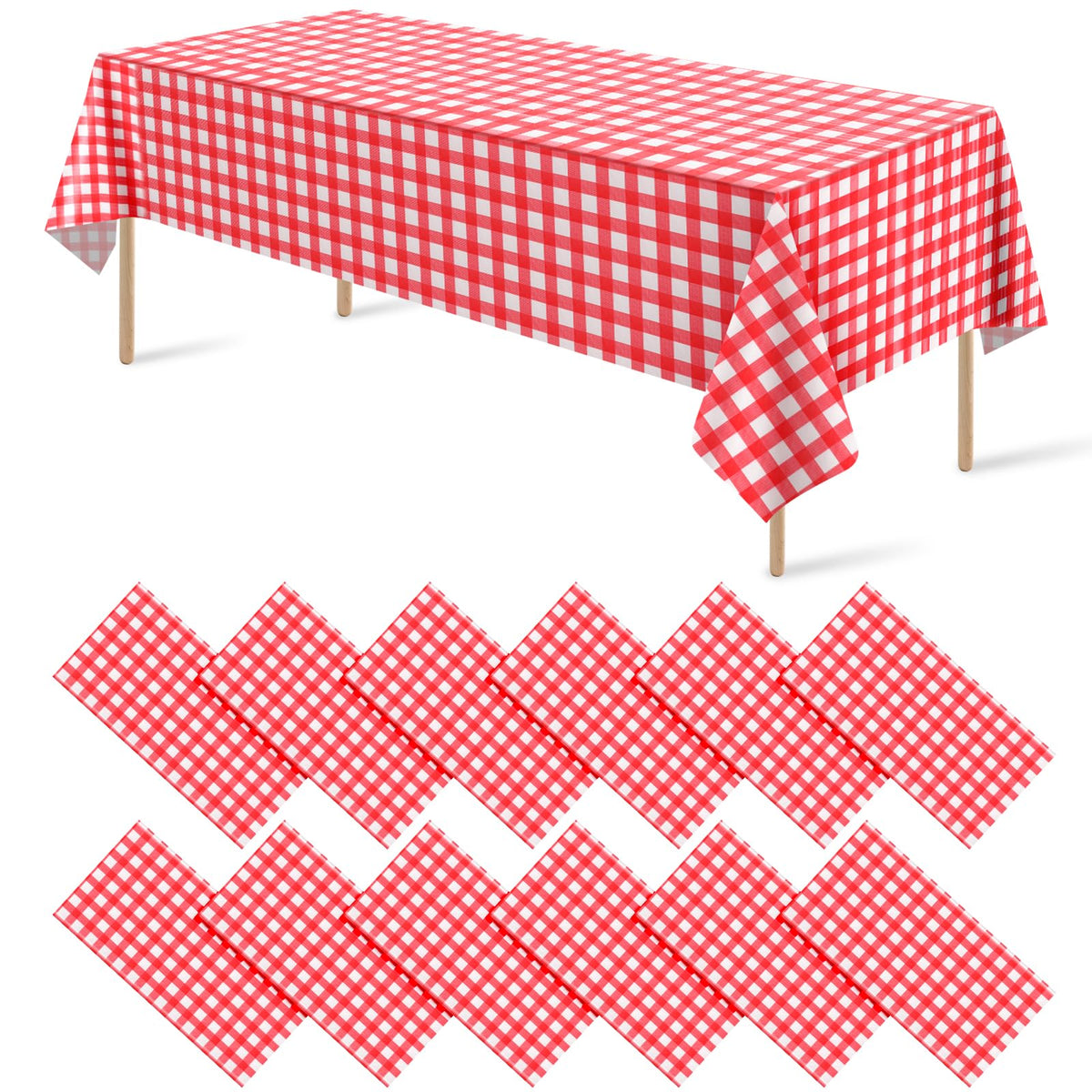 Ragnhild red and white gingham tablecloth on rectangle table for picnic.