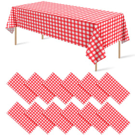 Ragnhild red and white gingham tablecloth on rectangle table for picnic.