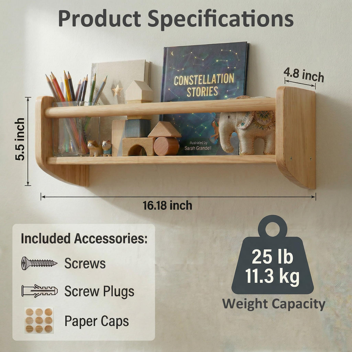 Rahima 16-inch floating shelves showcase books and toys without clutter