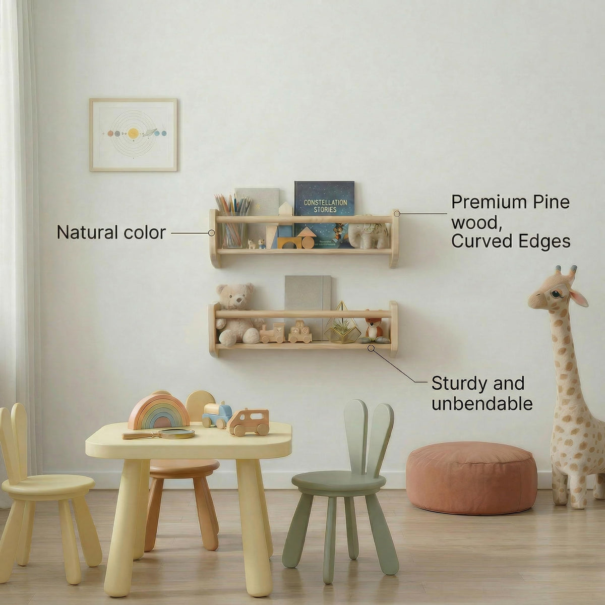 Rahima front-support rod maintains upright books for easy reach