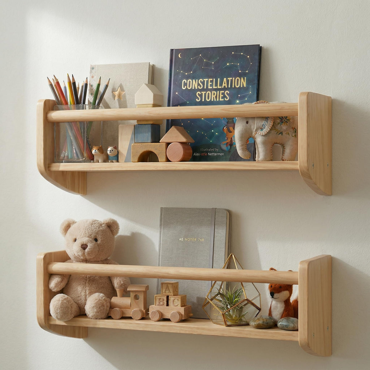 Rahima nursery bookshelf set 2 on wall display at kid's eye level for easy access