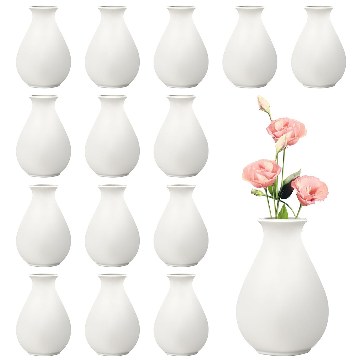 Rainmae 15-pack white ceramic bud vases with matte frosted finish, ideal for centerpieces.
