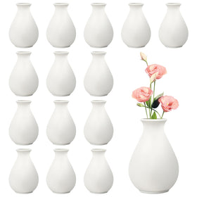 Rainmae 15-pack white ceramic bud vases with matte frosted finish, ideal for centerpieces.