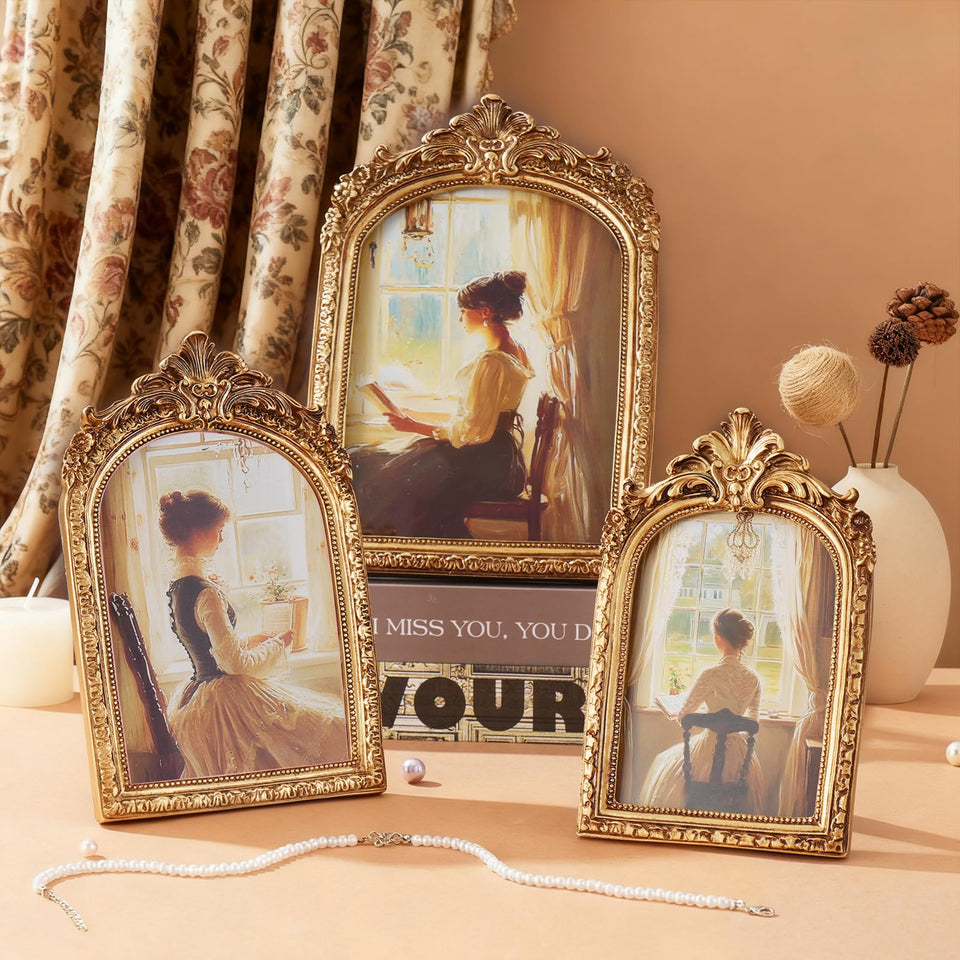 Rainmae vintage frame 4x6 arch gold for mantel display and gallery walls.