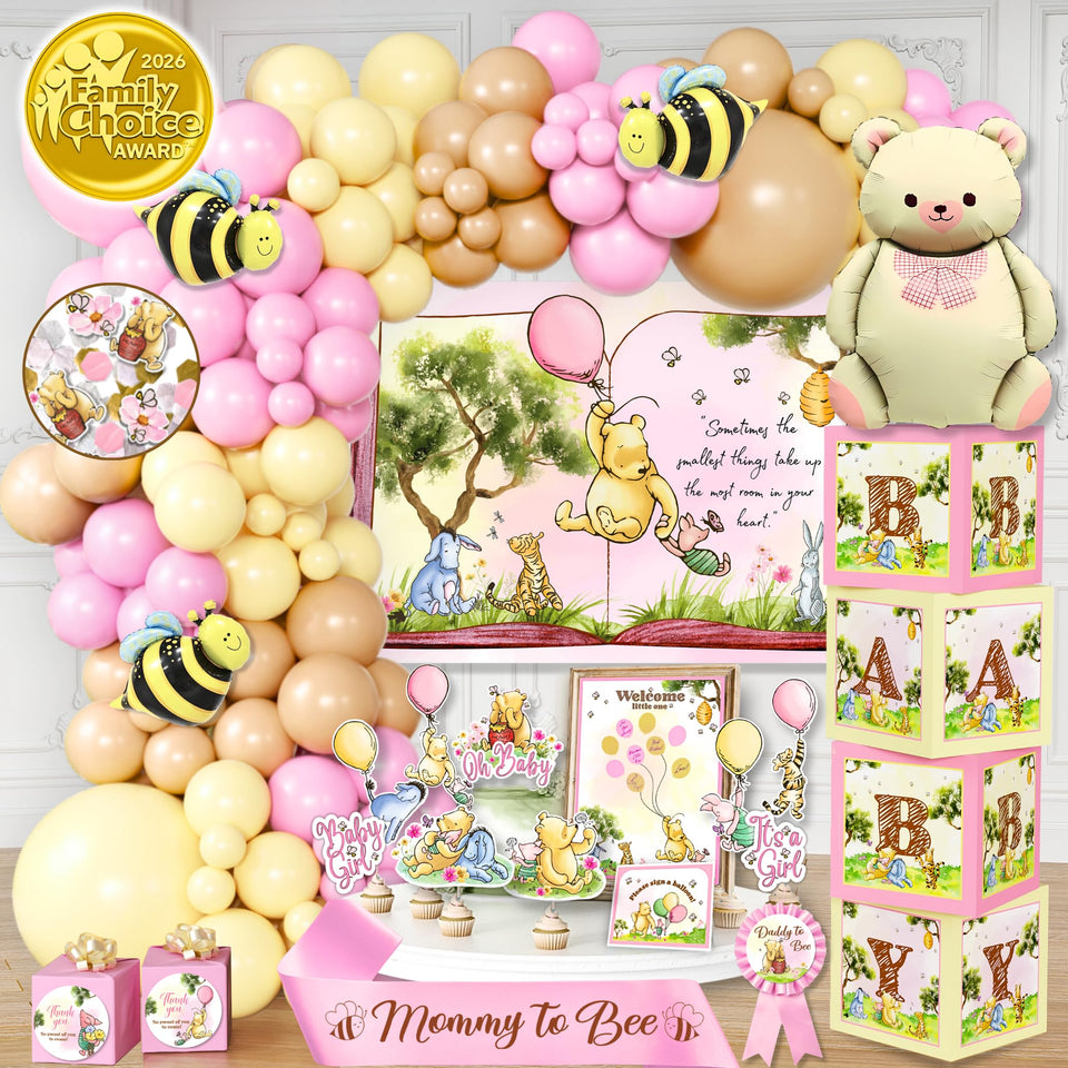 RainMeadow balloon arch in pink Pooh theme creates a picture-perfect baby shower entrance