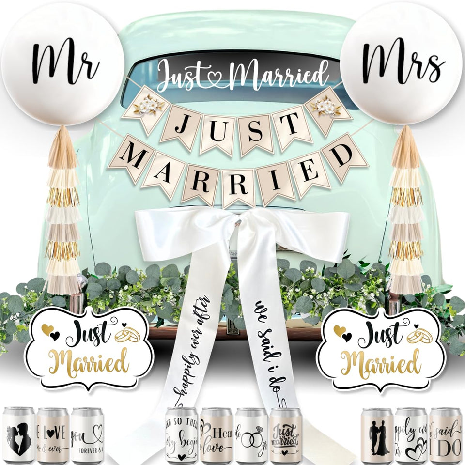 RainMeadow Just Married banner on car for a stylish exit