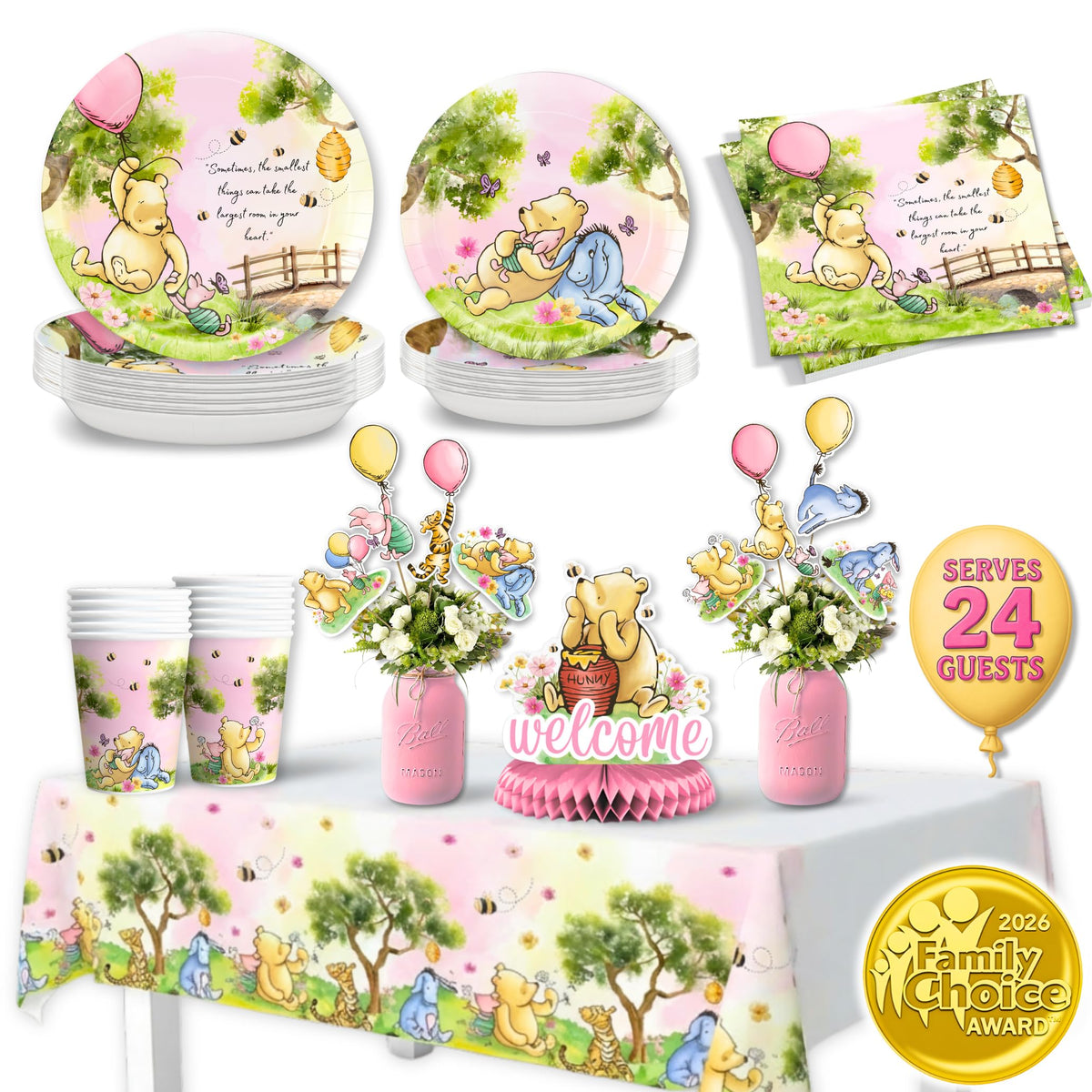 RainMeadow pink Winnie dinner plates create a cohesive baby shower table.