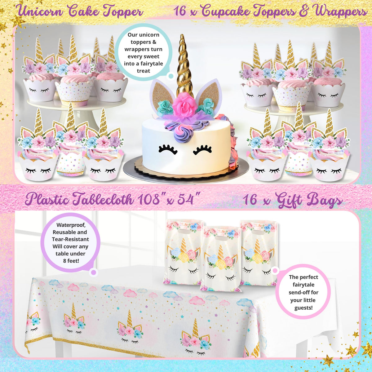 RainMeadow unicorn tablecloth brightens tables with pastel hues.