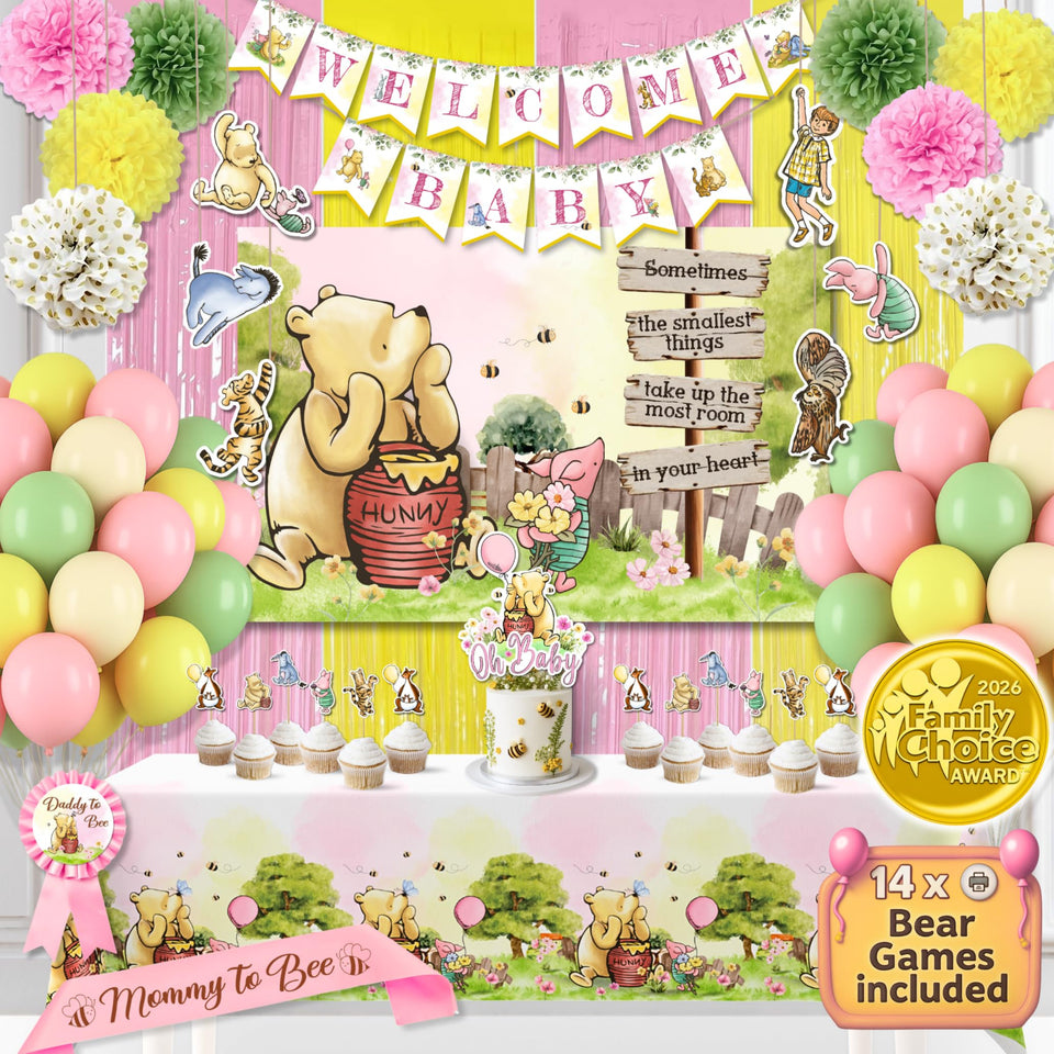RainMeadow Winnie backdrop in pink sets a warm Pooh baby shower ambiance.