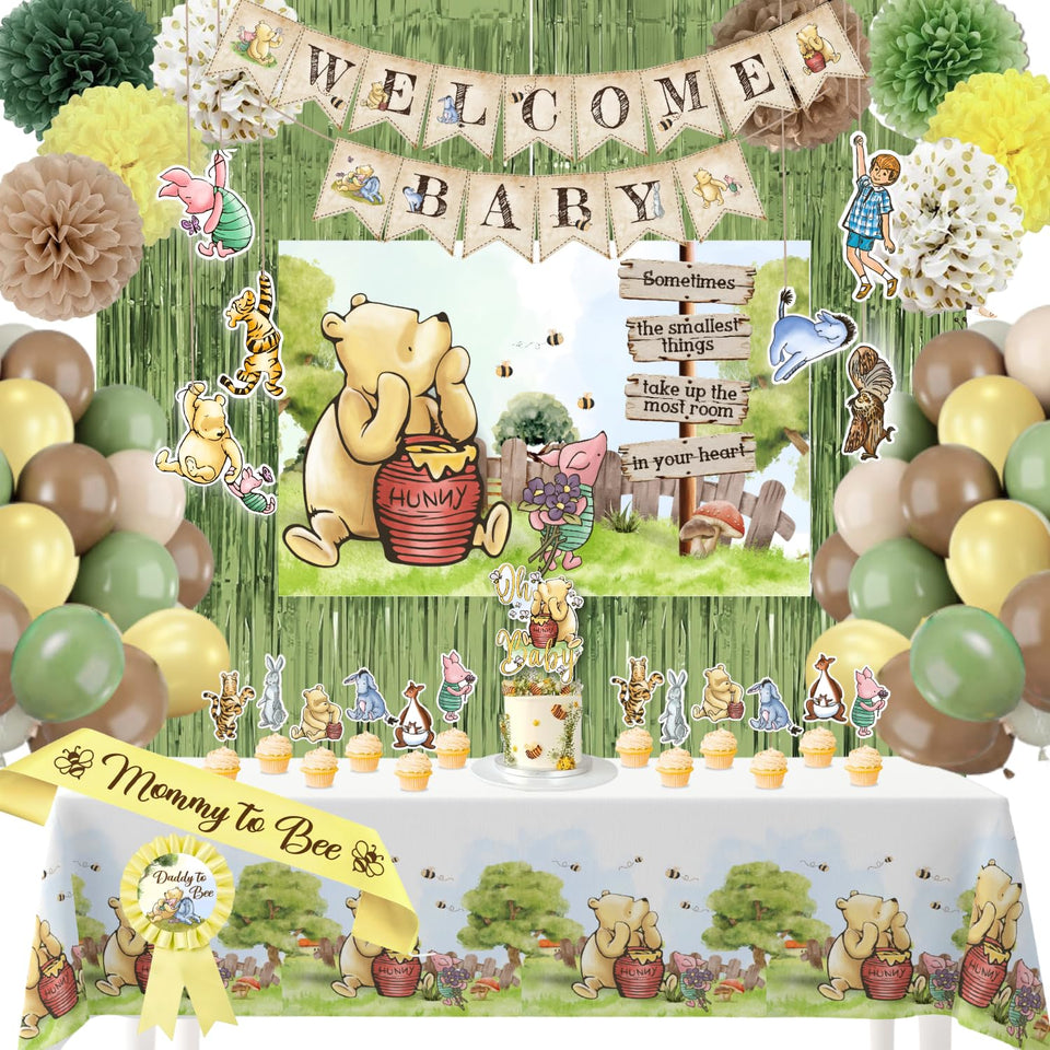 RainMeadow Winnie balloons with Pooh theme add playful color to baby shower decor.