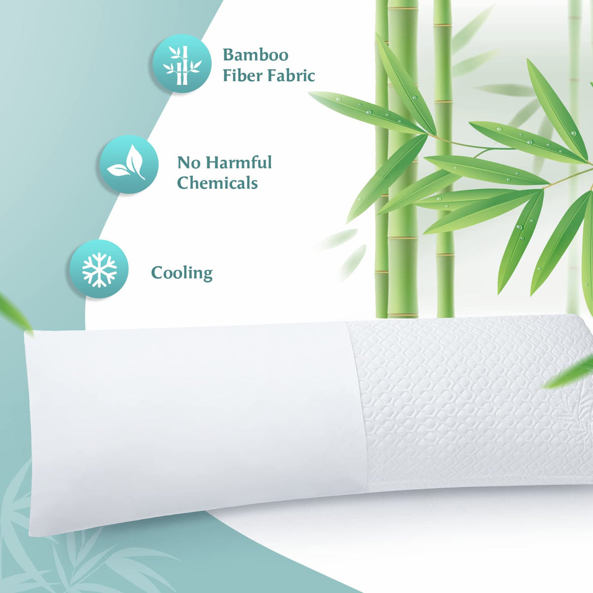 Rainmr bed-scene setup showcases long pillow used across sleep positions