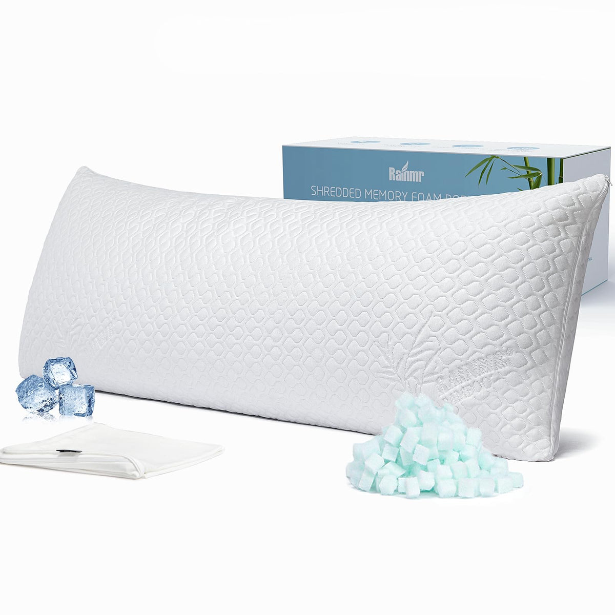 Rainmr firm memory foam body pillow close-up shows plush foam for contouring comfort