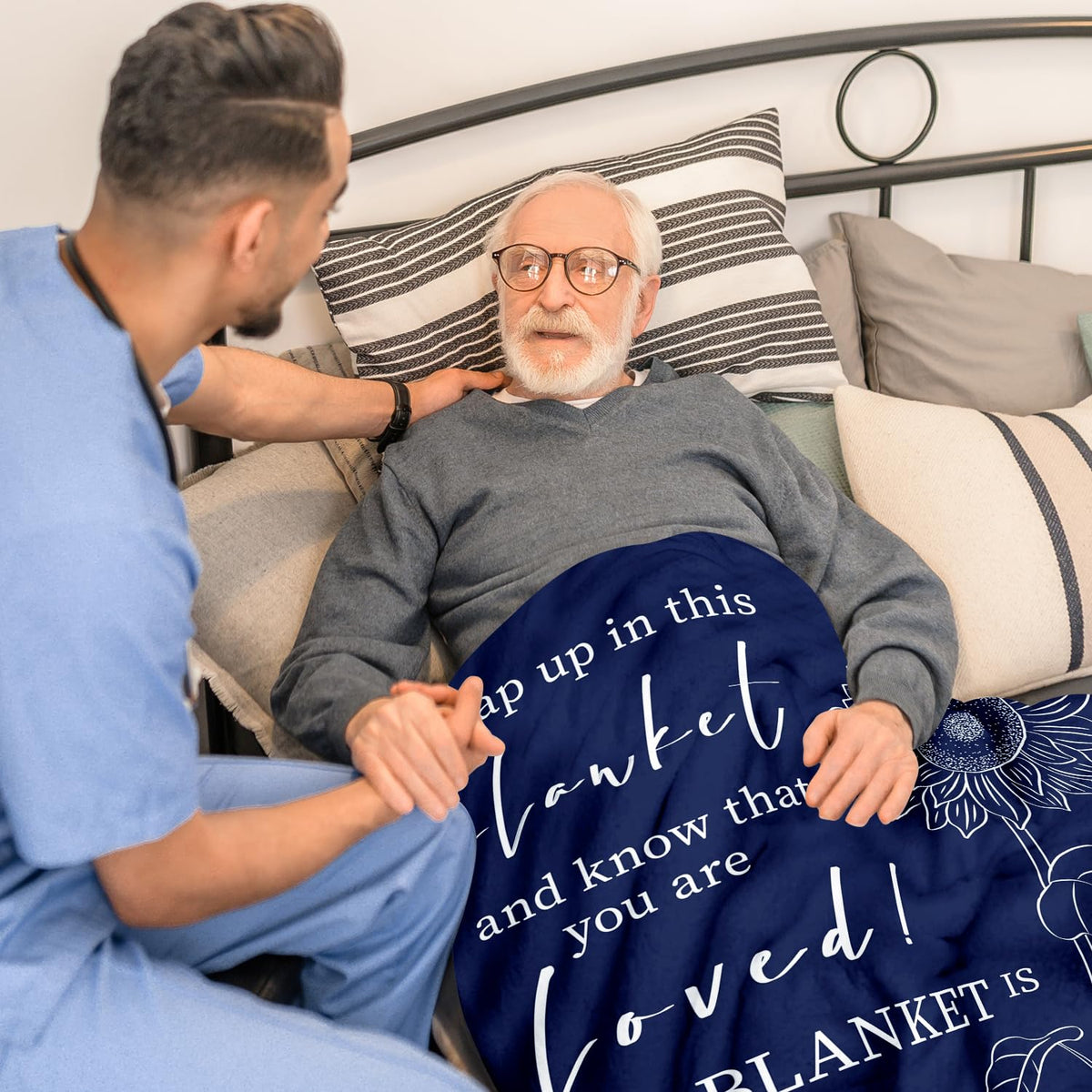 Rakoviol Get Well Blanket displayed on bed highlighting 50x60 size.
