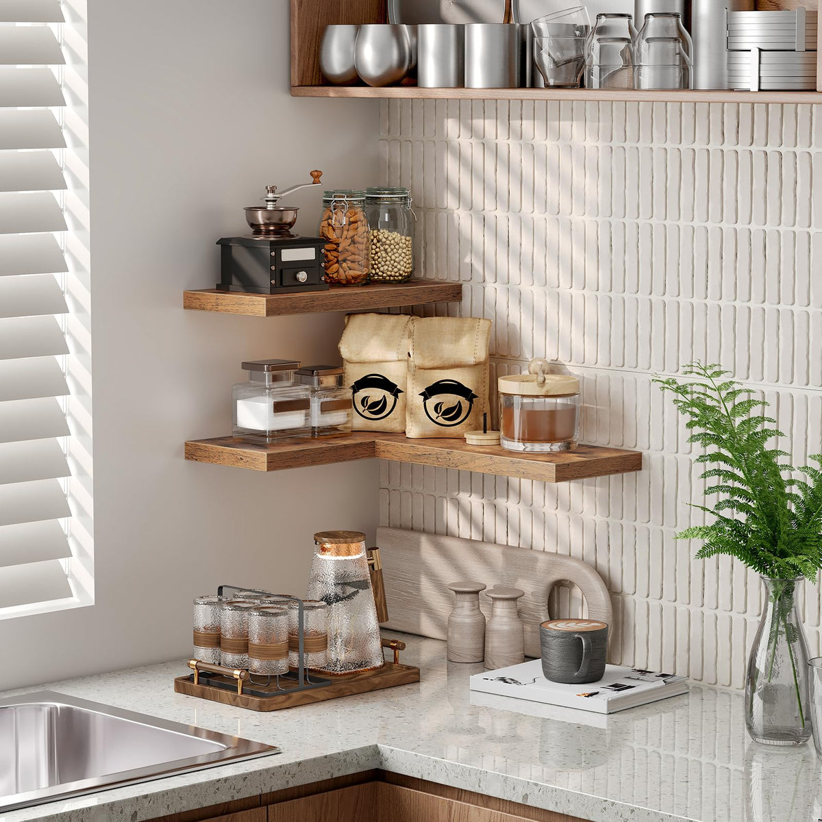 Ralgend living room shelves display books and framed photos neatly.