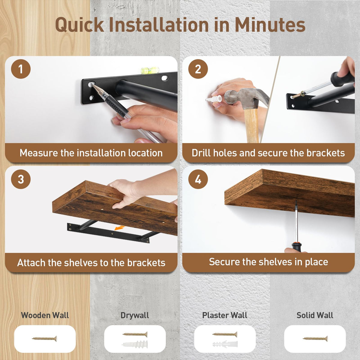 Easy four-step assembly with two expansion screw types for various walls.