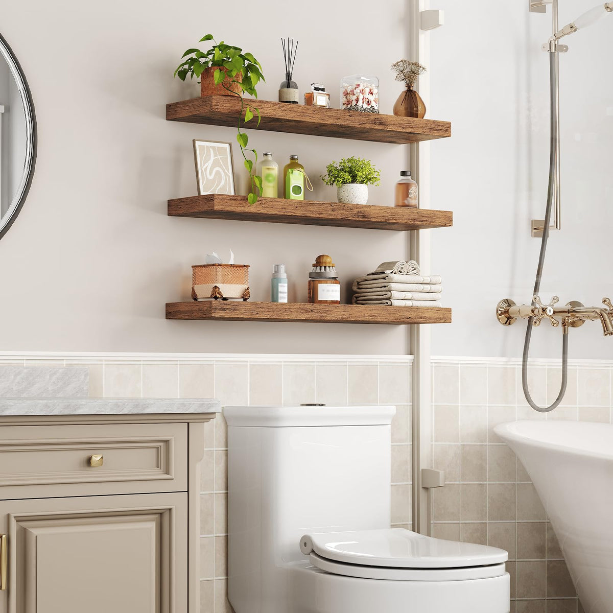 RALGEND rustic brown wall shelves add warmth and organization in the bathroom.