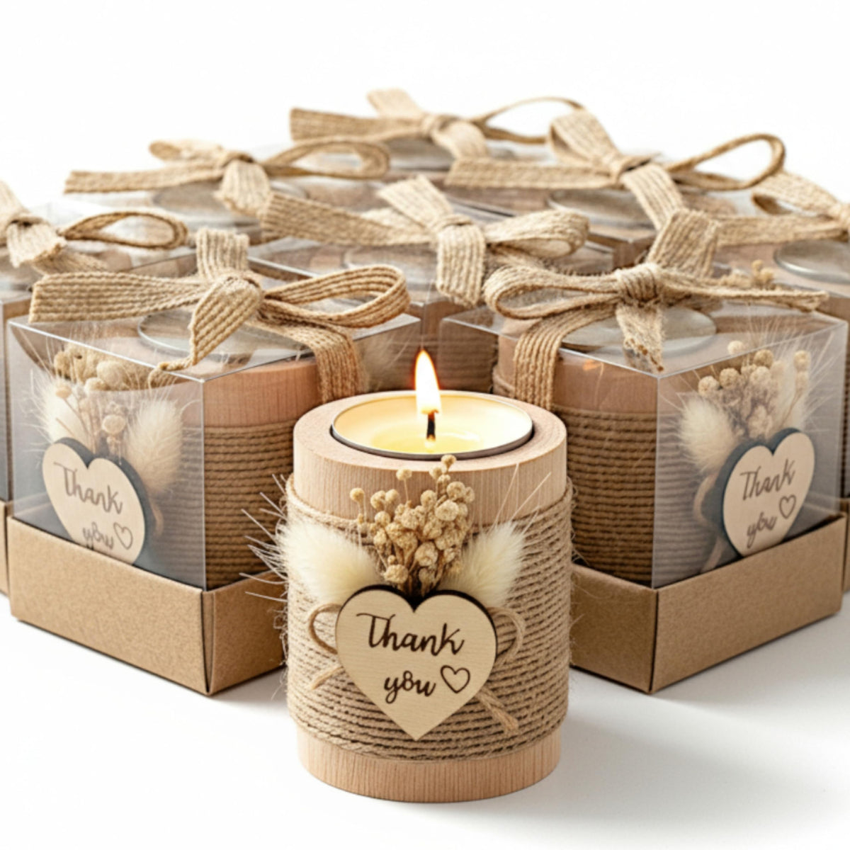 Rallad wood tealight candle holder with dried flowers for rustic wedding centerpieces.