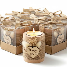 Rallad wood tealight candle holder with dried flowers for rustic wedding centerpieces.