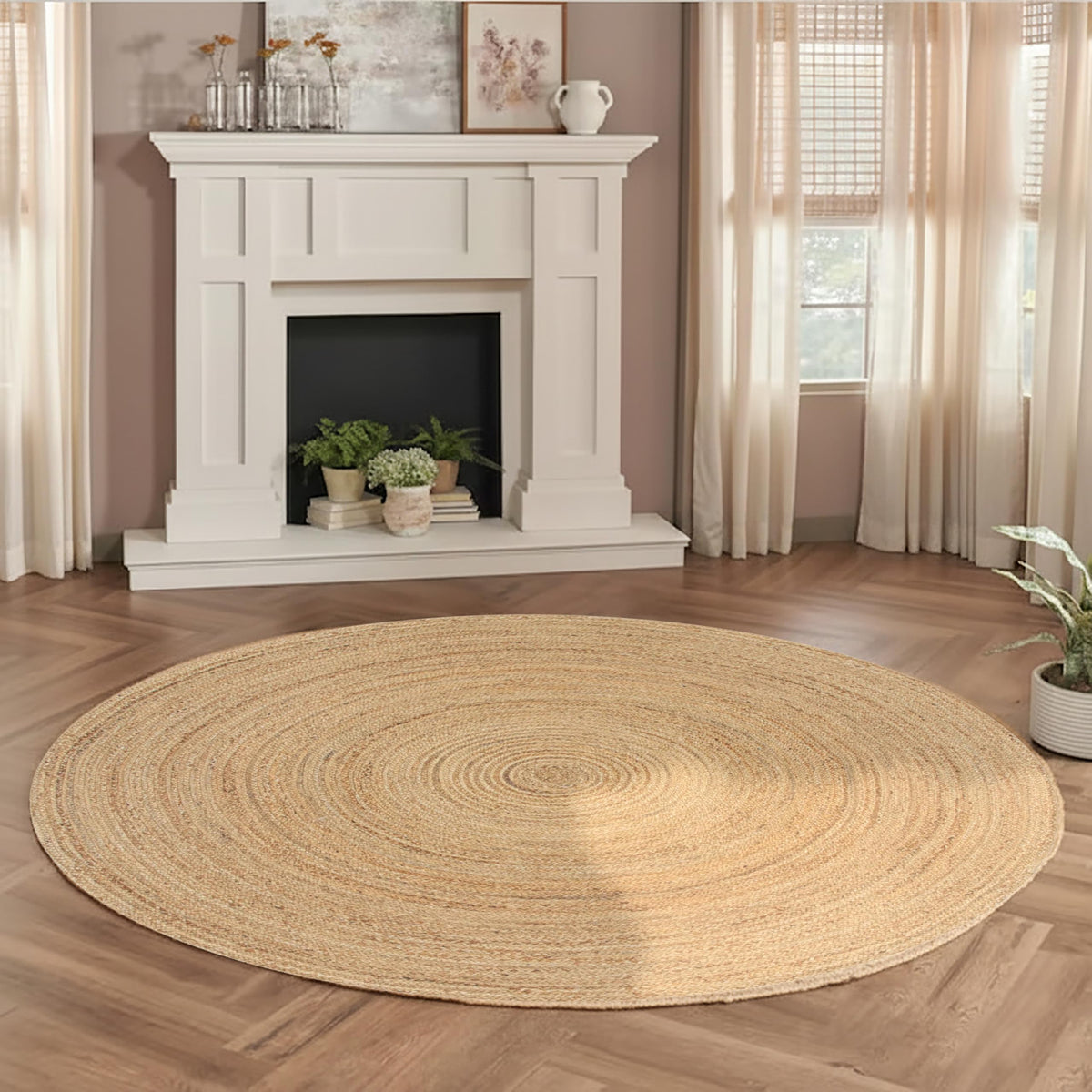 Ramanta Home jute braided rug in round 8 ft defines living spaces with natural texture