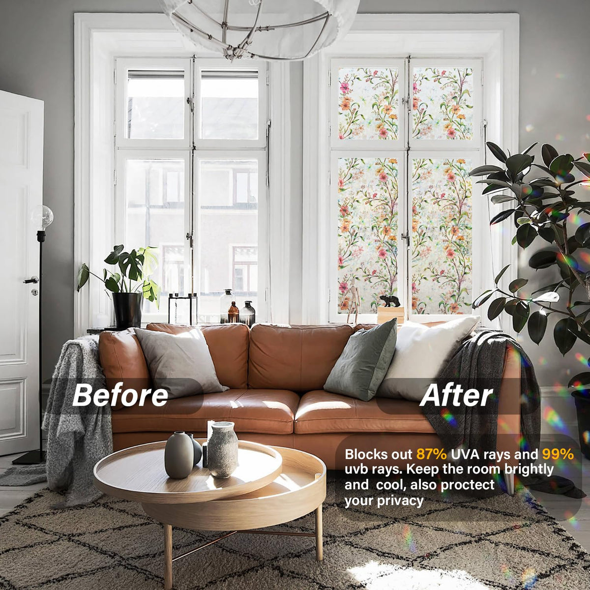 Ranzdn Day and Night privacy film shows rainbow light by day and semi-opaque privacy at night.