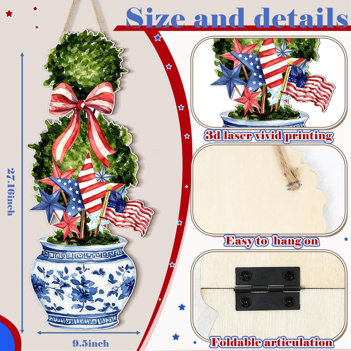 RattanView patriotic topiary wooden sign enhances front entryway.