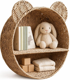 Rattanzenith bear wall basket shelf on wall, adding cozy nursery storage.