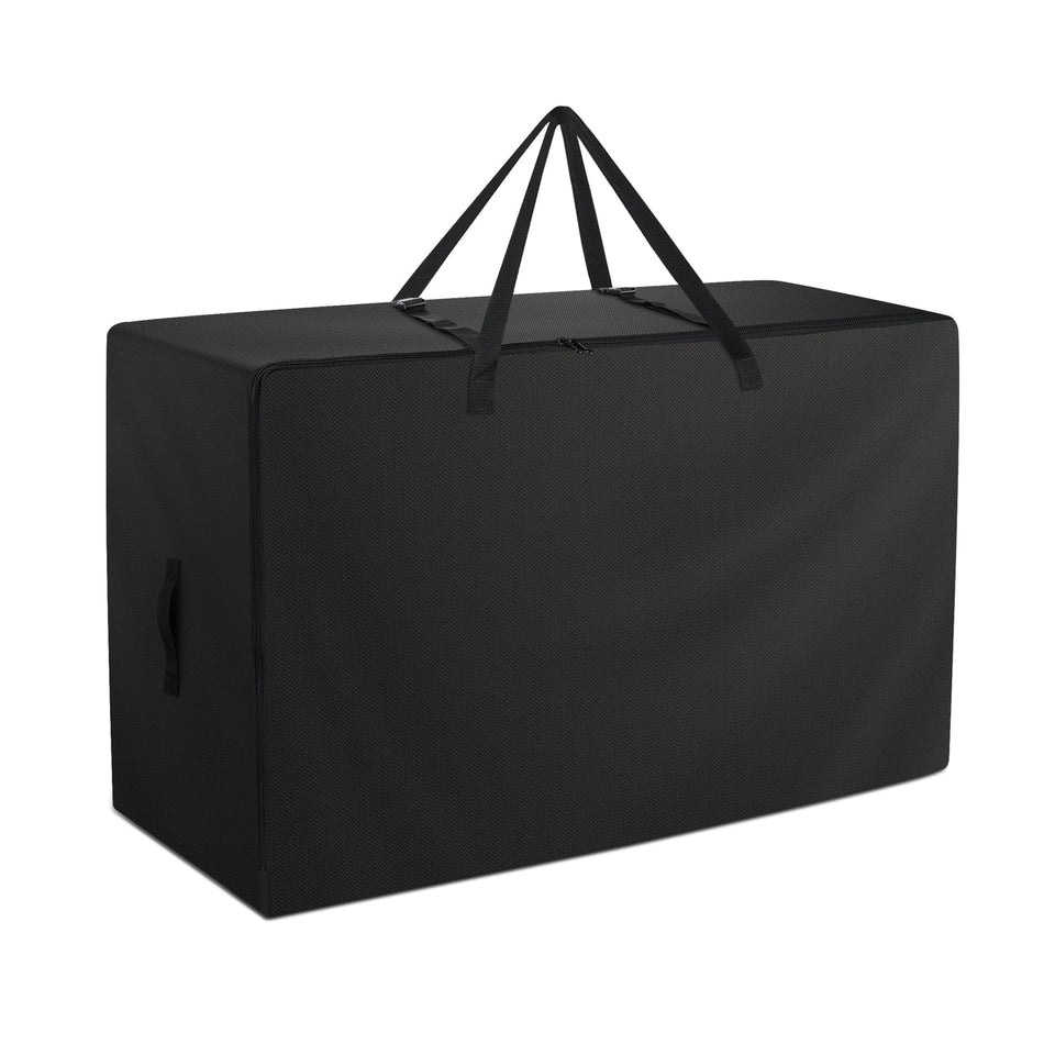 Raweao folding mattress bag demonstrates compact tri-fold storage for a 6-inch queen mattress during travel.