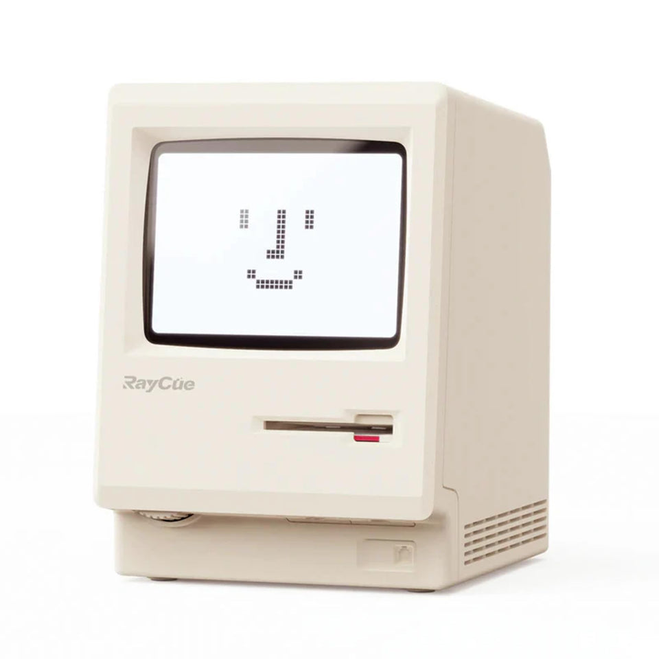 RayCue Maclock WB-8 pixel display highlights time and date for a retro desk setup.