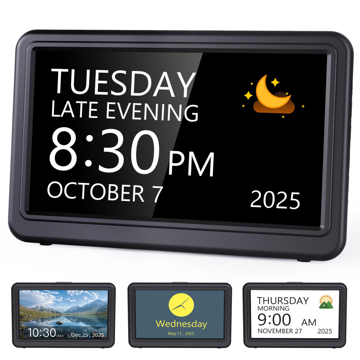 Raynic Date Clock front view shows a 7-inch display for easy readability.