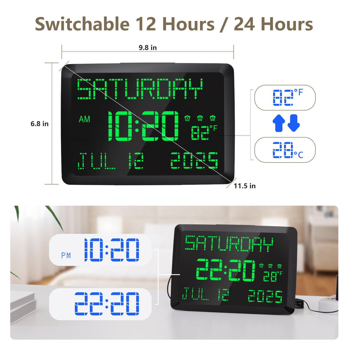 Raynic Day Clock offers three alarms for flexible wake times.