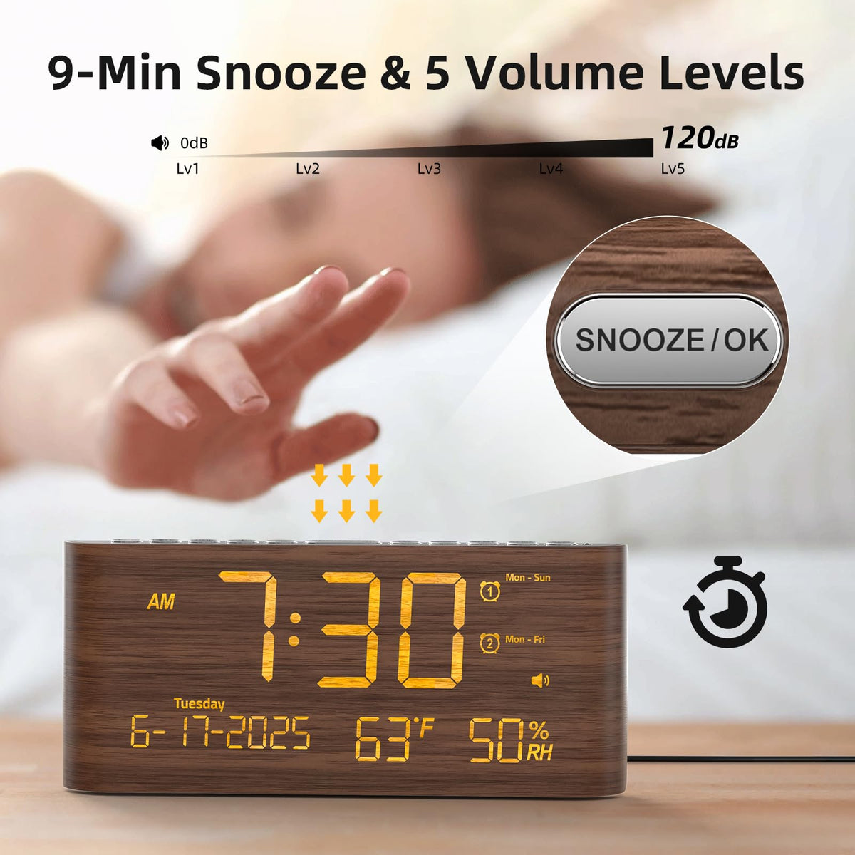 Raynic digital alarm clock five-level brightness dimmer for comfortable viewing