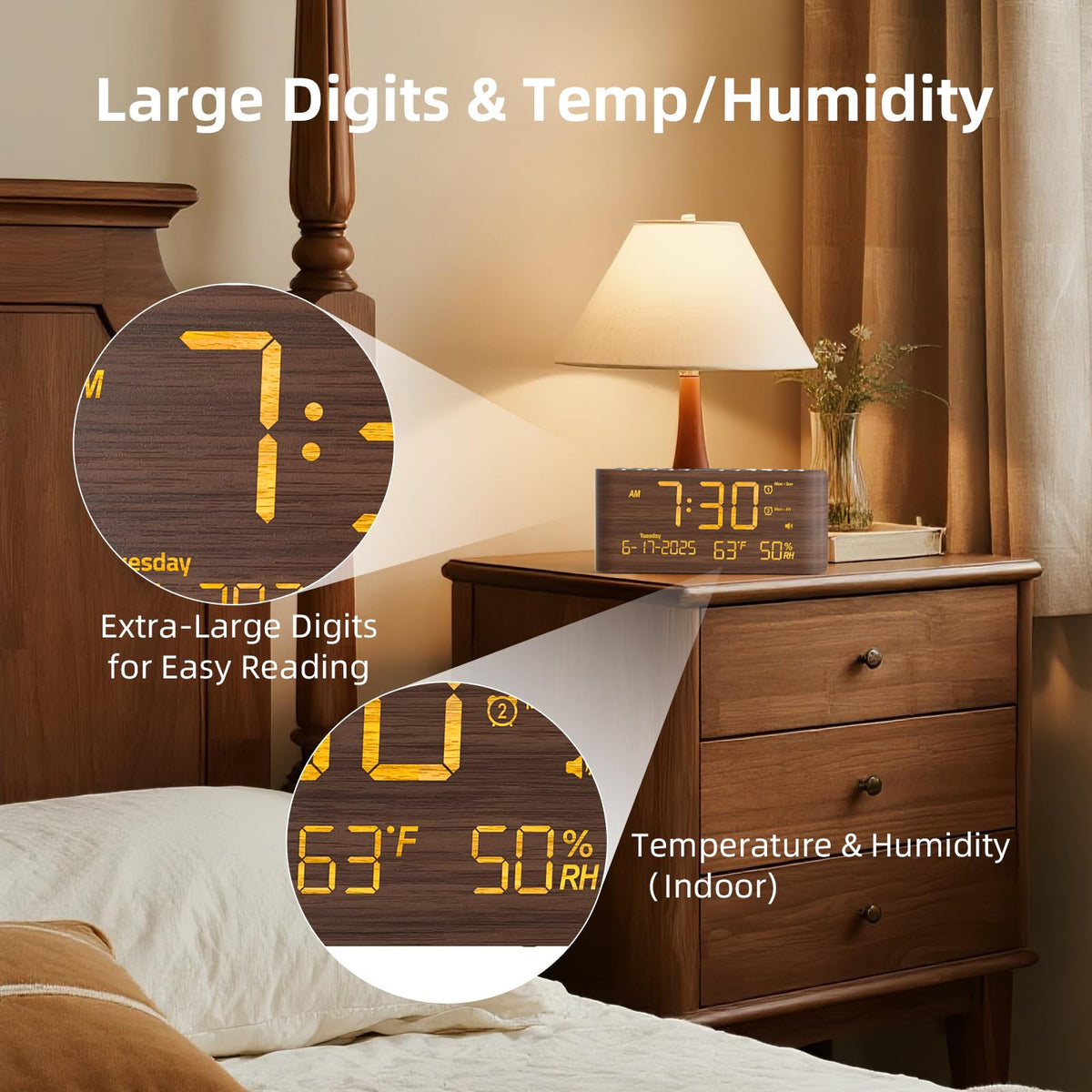 Raynic digital alarm clock dark wood finish adds warm decor