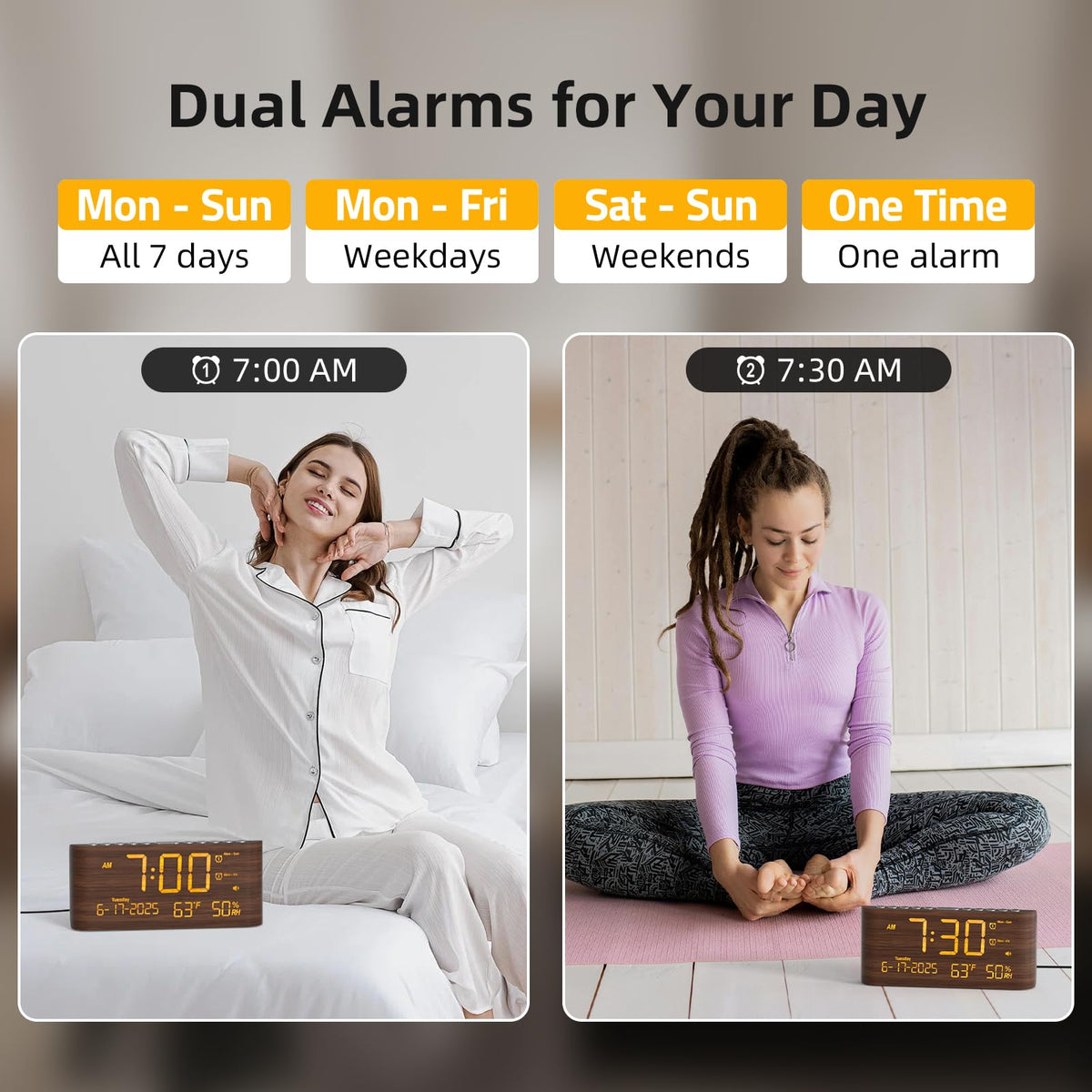 Raynic digital alarm clock Type-C USB ports for bedside charging