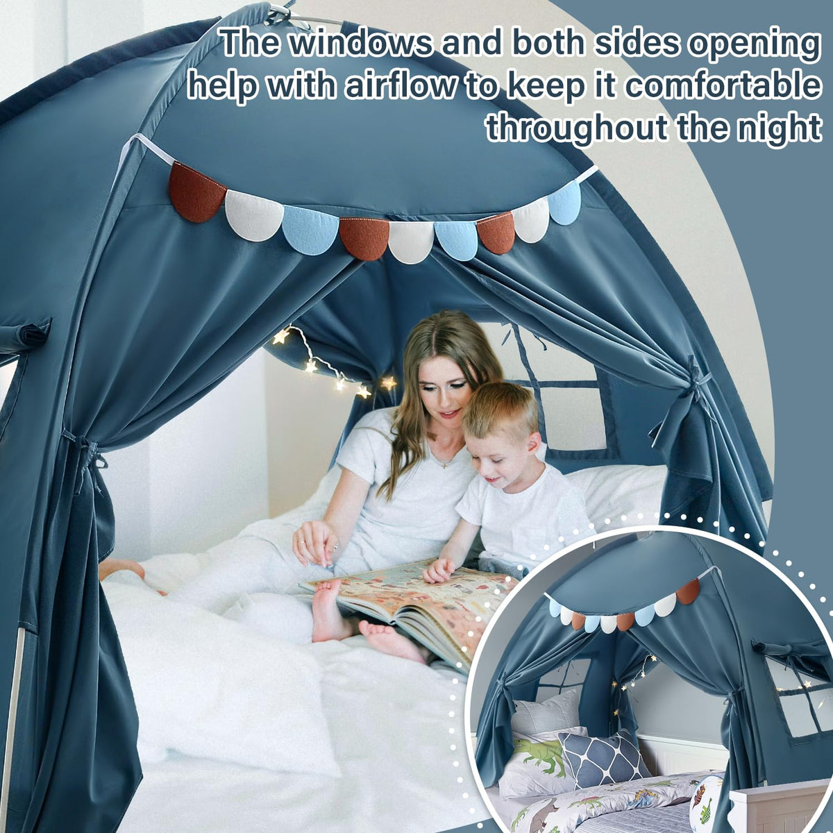 Razee bed tent pennant banners add playful room décor.