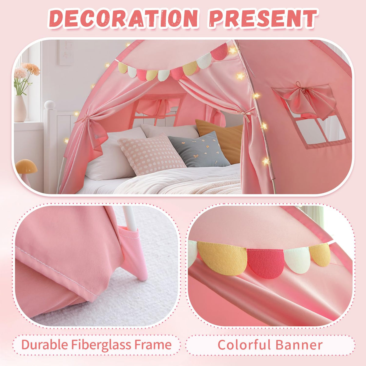 Razee bed tent with fiberglass poles for durable indoor use
