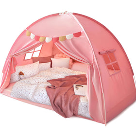 Razee full-size pink bed canopy with pennant banners for privacy and play