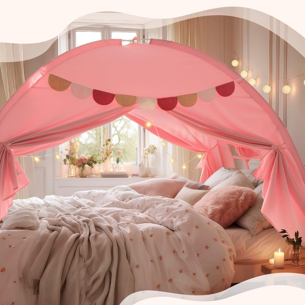 Razee pennant banners enhance bedroom decor on the bed tent