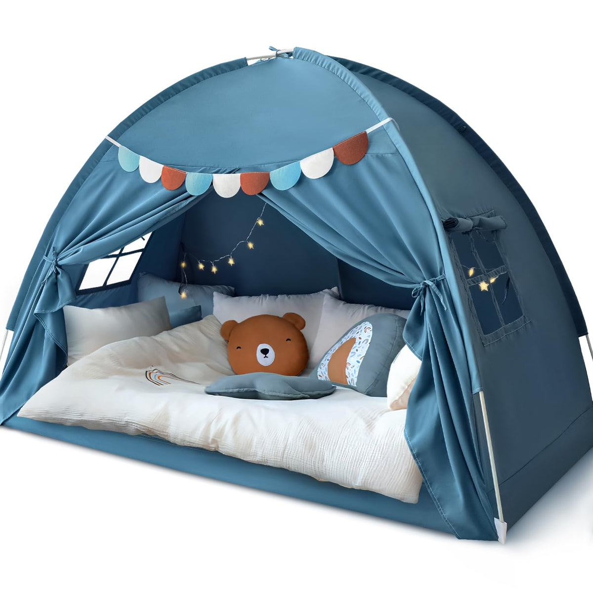 Razee twin bed tent in blue jean setup for cozy indoor sleepovers.