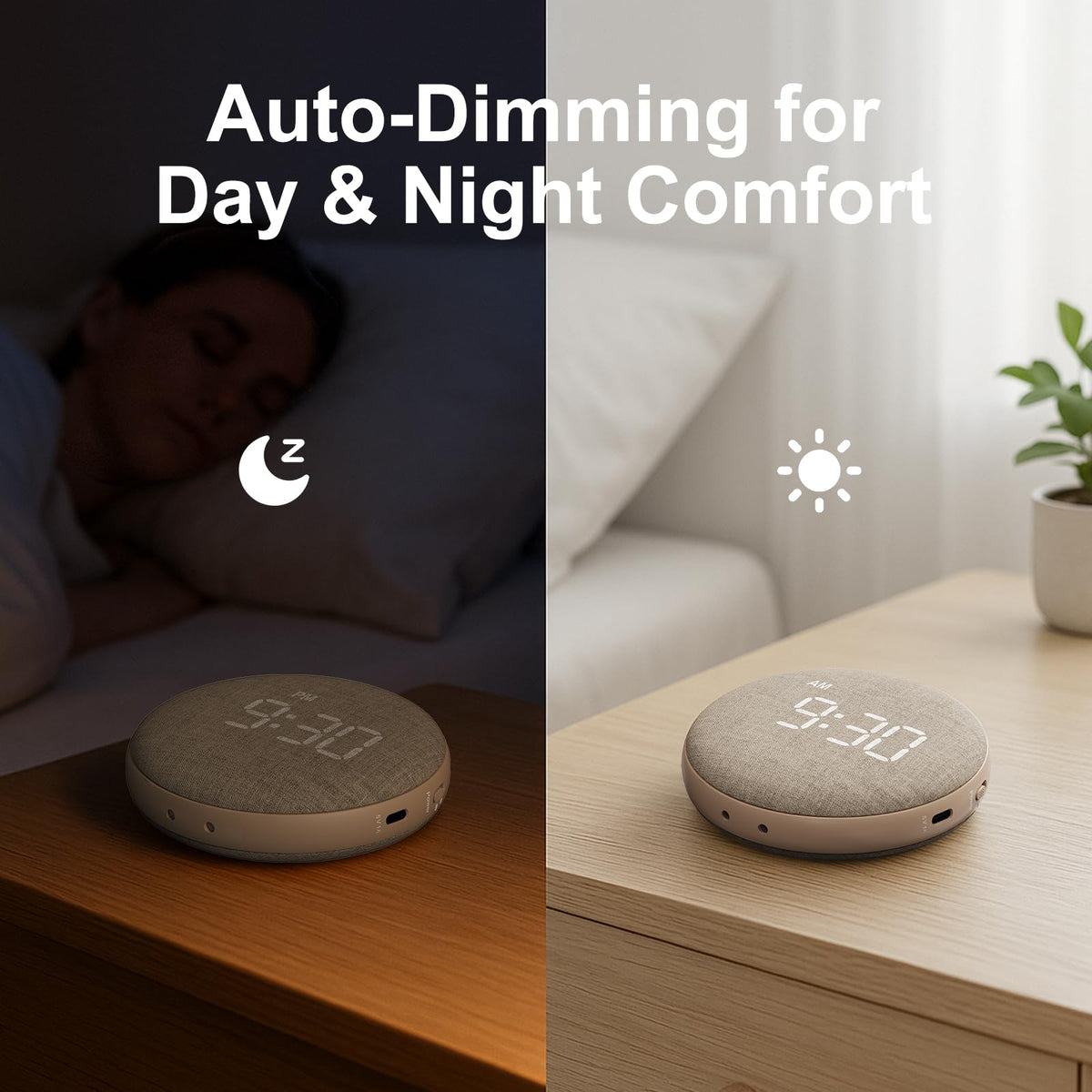 REACHER tactile snooze dot button enables quick, no-look snoozes in dark rooms.