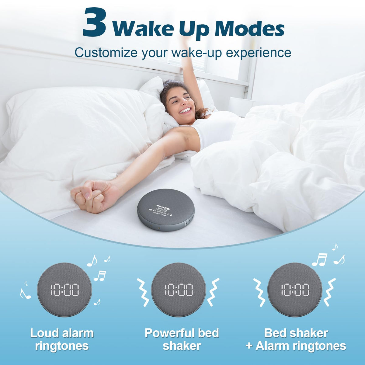 REACHER three wake-up modes offer vibration, sound, or both.