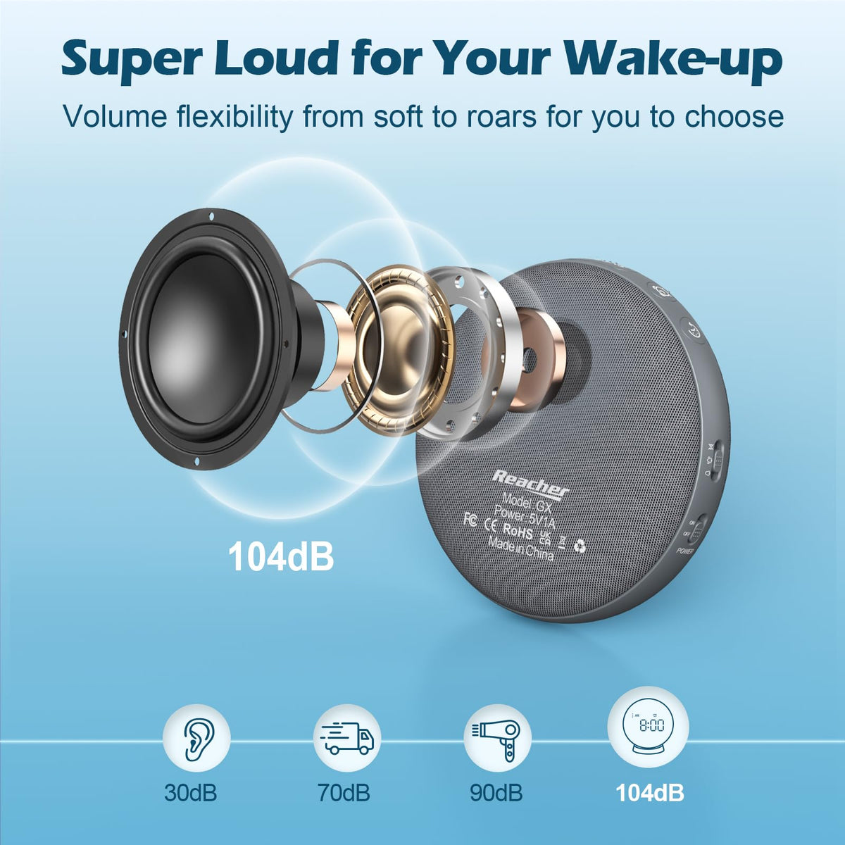 REACHER travel-friendly alarm clock fits in bags and dorms.