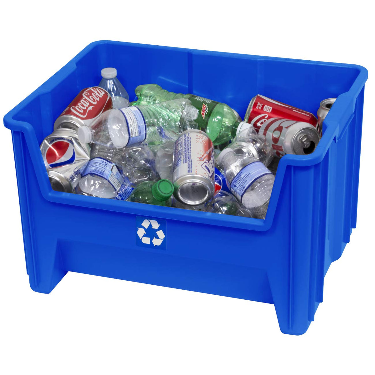 ReadySpace 12-5-gallon blue bin with dimensions supports large-capacity recycling in busy spaces.