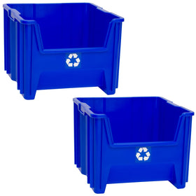 ReadySpace heavy-duty stackable blue recycling bin with open front for easy deposits.