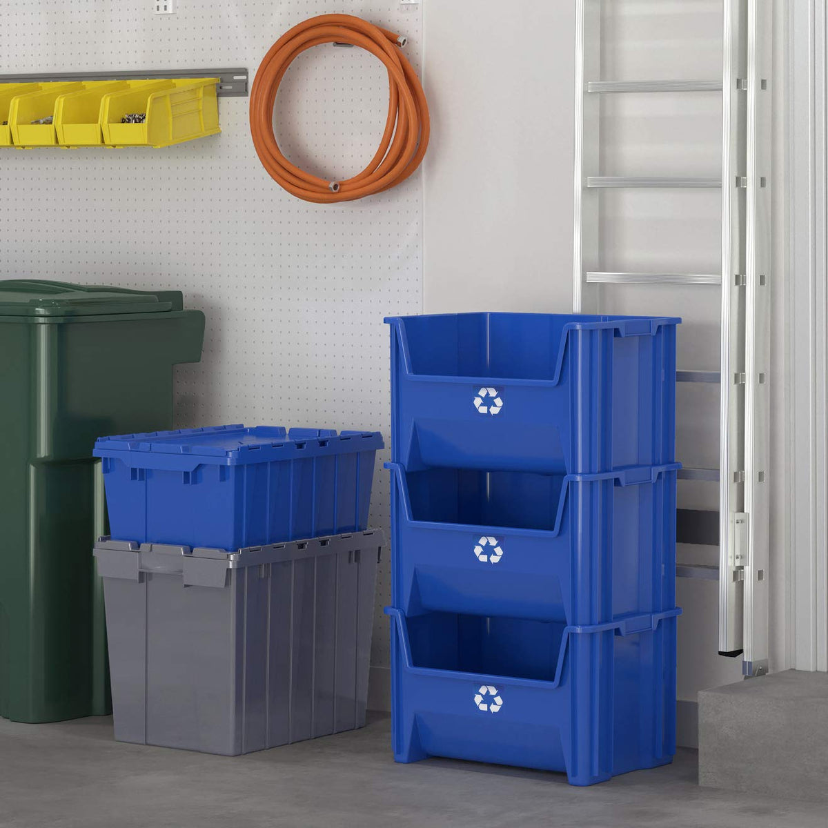 ReadySpace heavy-load bin handles metal, paper, plastic and glass in blue.
