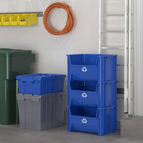 ReadySpace heavy-load bin handles metal, paper, plastic and glass in blue.