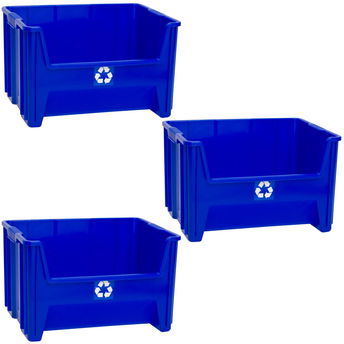 ReadySpace stackable open-front recycling bin in blue for space-saving organization and easy recycling.